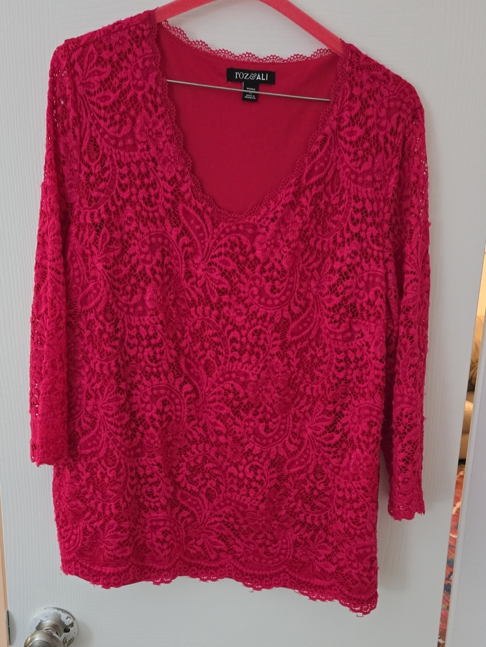 Roz & Ali Bright Pink Lace V-Neck Tunic